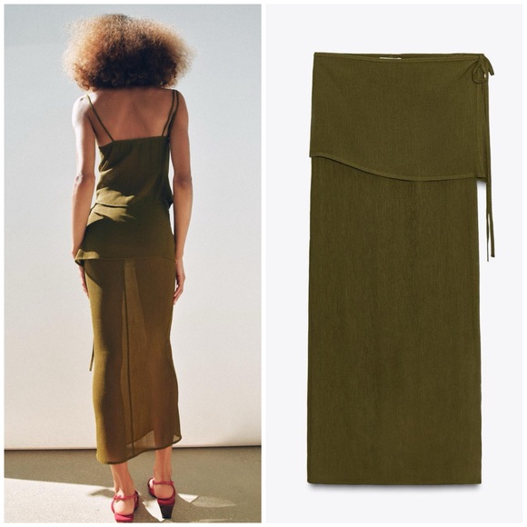 Zara Semi-Sheer Textured Wrap Skirt In Green Size M NWT - Picture 3 of 13
